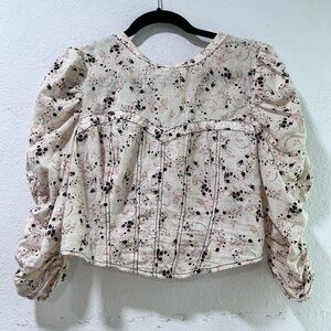 Free people Cream Floral Blouse with Puff Sleeves open back